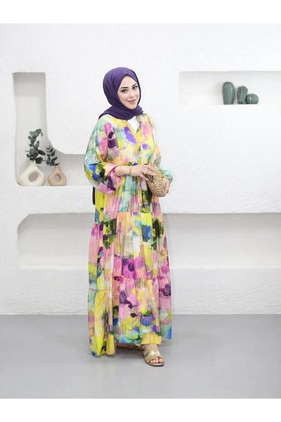 HARMAN BUTİK Women's Comfortable Fit Buttoned Patterned Modal Dress