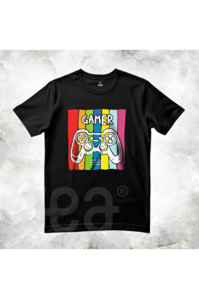 Crea Eymer Wear Tricou Gamer Ouncu din bumbac imprimat cu gât negru-negru
