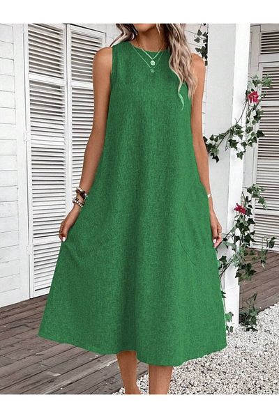 Masspera Crew Neck Pocket Midi Linen Dress