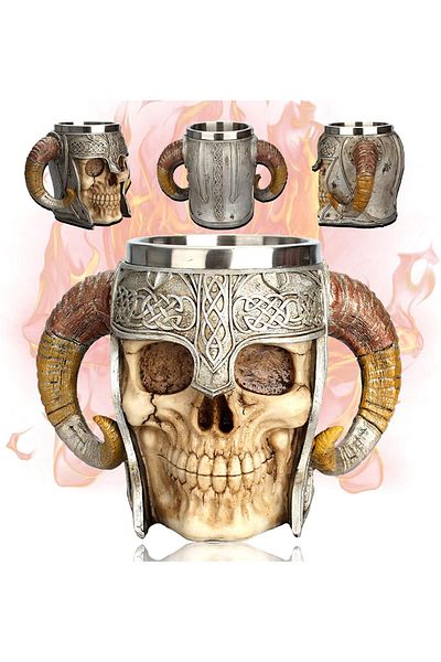 Hediye Vakti Medieval Viking Warrior Skull Design Mug Cup |   Collectible and Thematic Gift