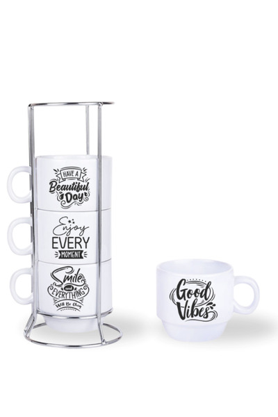 Deep Craft Deepcraft 4-Piece Cup Set with Stand Non-Removable Printed Good Vibes Motto Patterned 4-Piece Cup Set 190 ml
