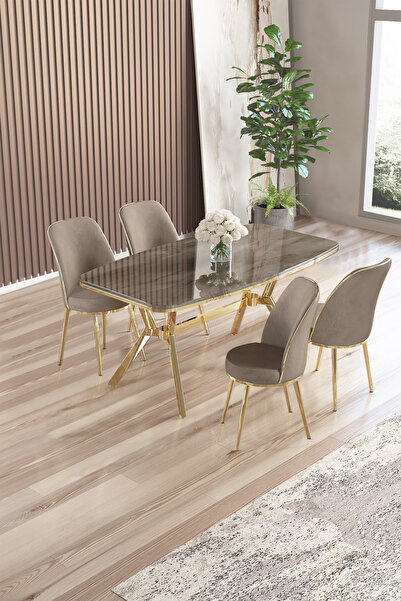 Canisa Lena Serisi 90x160 Antrasit İroni Gold Kaplama Ayaklı Masa Takımı ve 4 Cappucino Sandalye