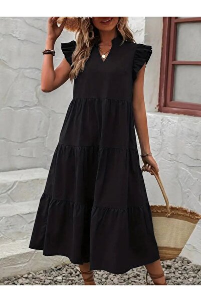 Viyamo New Season Women's Short Sleeve V-Neck Wide Cut Long Tricot Dress