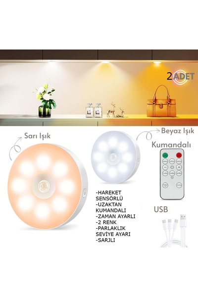 Yolcudan Alın 2 Adet Sensörlü Ve Kumandalı Led Lamba 2 Renkli Şarjlı Led Lamba Kabin Led Kumandalı Led