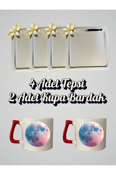 lili hediyelik 4-Piece Daisy Tray Coffee Presentation Tray 21X21 cm 2-Piece Moon Coffee Cup Mug Cup