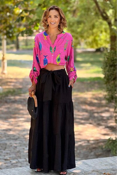 Nevin Kaya Moda Black Tie Detail 100% Linen Trouser Skirt