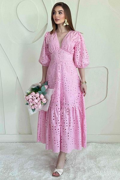 Elbee Fashion Woman Balloon Sleeve Detailed Low-Cut Brode Dress