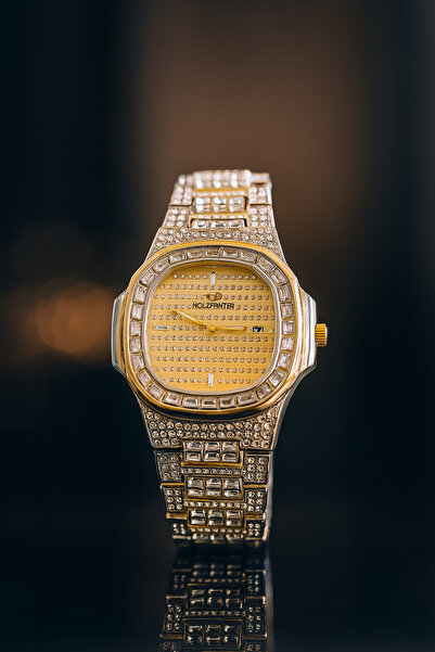 Goldpower ساعة يد نسائية معدنية ذات تقويم موديل حجري شهير