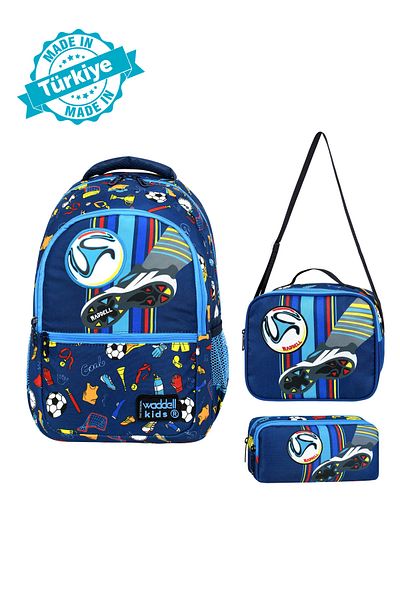 H&D COLLECTİON Rucsac de școală pentru băieți cu licență bleumarin-albastru cu model de fotbal, cutie de prânz și suport pentru stilou