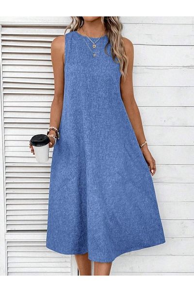 Masspera Rochie Midi din In cu buzunare Crew Neck
