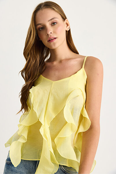 Bianco Lucci Women's V Neck Ruffle Flounced Strap Blouse Lightweight See-Through Blouse 60283511