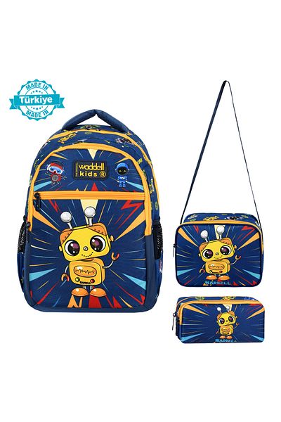 H&D COLLECTİON Rucsac de școală cu model robot albastru-marin licențiat, cutie de prânz și suport pentru stilou cu 2 buzunare