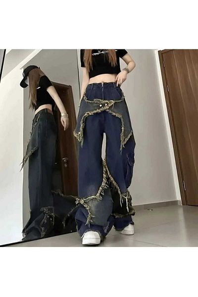 Semesia Y2K Star Detail Patch Wide Leg Washed Blue Jeans