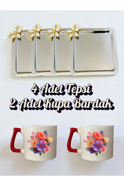 lili hediyelik 4-Piece Daisy Tray Coffee Presentation Tray 21X21 cm 2-Piece Floral Coffee Cup Mug Cup