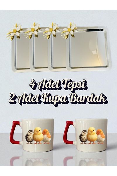 lili hediyelik 4-Piece Daisy Tray Coffee Presentation Tray 21X21 cm 2-Piece Chick Coffee Cup Mug Cup