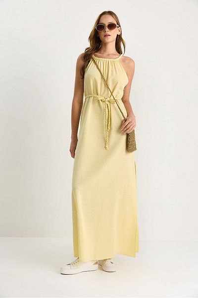 Bianco Lucci Rochie de damă din plasă, cu centură, cu guler cu șalter, cu detaliu de fante, din in 60283510