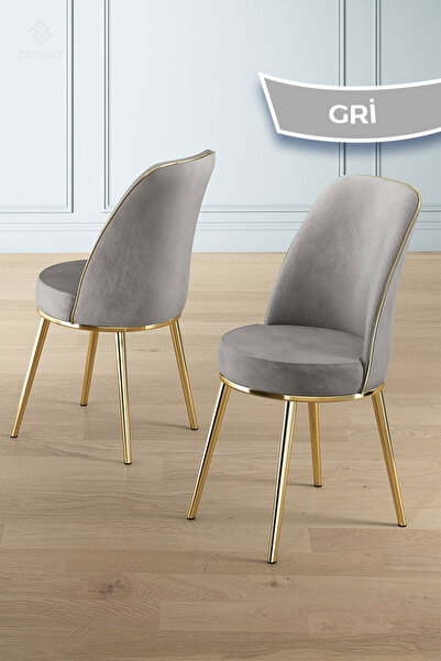 Canisa Lena Serisi 90x160 Lak Panel Beyaz Mermer Desen Gold Kaplama Ayaklı Masa Takımı ve 4 Gri Sandalye