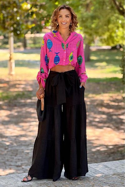 Nevin Kaya Moda Black Tie Detail 100% Linen Trouser Skirt