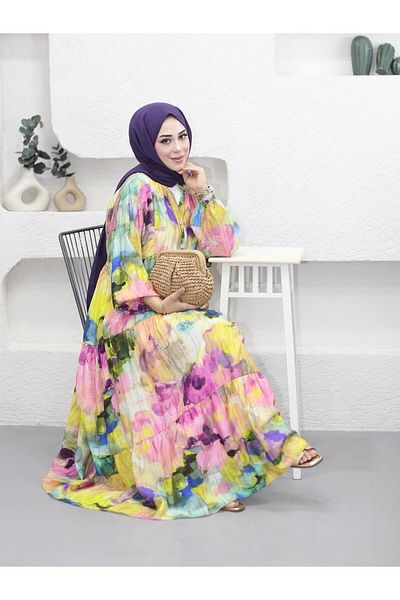 HARMAN BUTİK Women's Comfortable Fit Buttoned Patterned Modal Dress