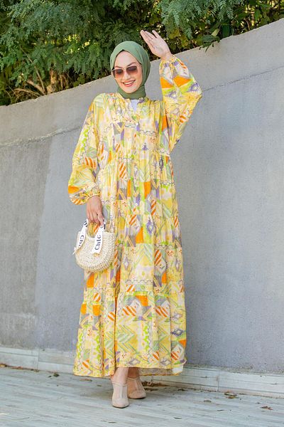 Tesettür Çarşım Ethnic Pattern Half Patch Summer Dress-Yellow