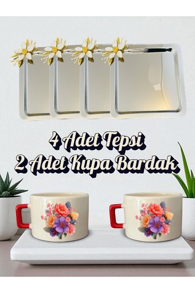 lili hediyelik 4-Piece Daisy Tray Coffee Presentation Tray 21X21 cm - 2-Piece Flowered Small Coffee Cup Mug