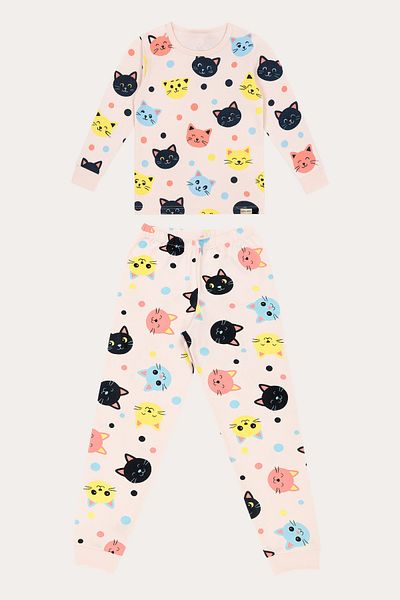 Katia&Bony Girl's Cat Patterned Pajama Set Light Pink