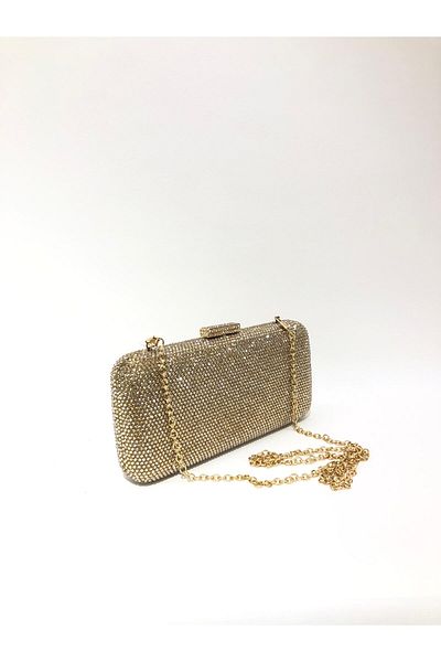 womenacs Gold Color Double Side Stone Material Rectangular Shape Evening Dress Portfolio Clutch Wedding Night Bag