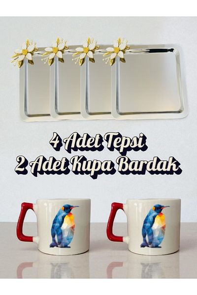 lili hediyelik 4-Piece Daisy Tray Coffee Presentation Tray 21X21 cm - 2-Piece Penguin Coffee Cup Mug Cup