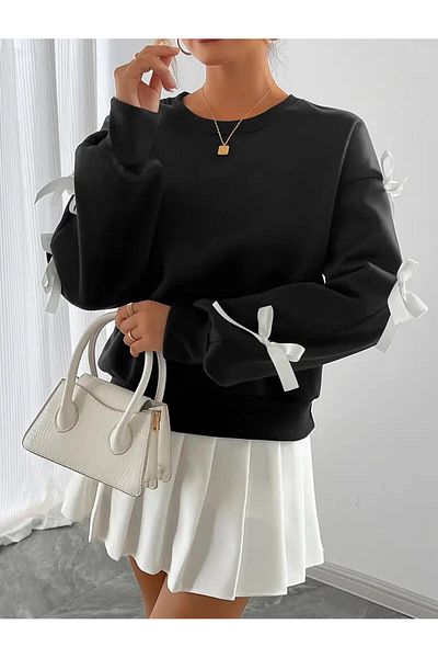 caddekombin Women's White Ribbon and Bow Sleeve Crew Neck Black Sweatshirt