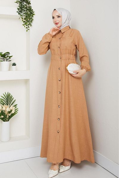 Hb Harma Time Butik Women's Pocket Detailed Buttoned Belted Beige Linen Dress