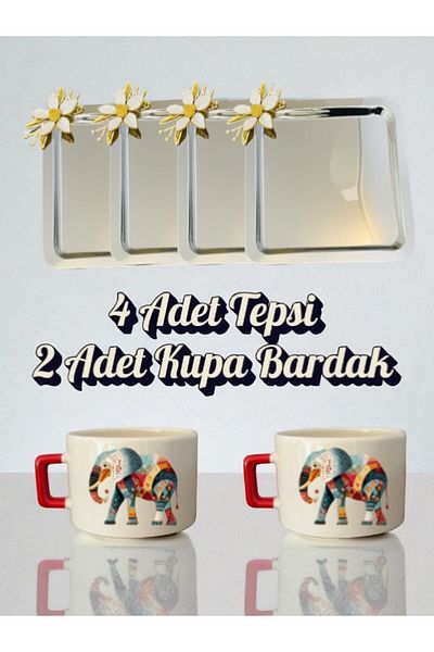 lili hediyelik 4-Piece Daisy Tray Coffee Presentation Tray 21X21 cm - 2-Piece Elephant Small Coffee Cup Mug