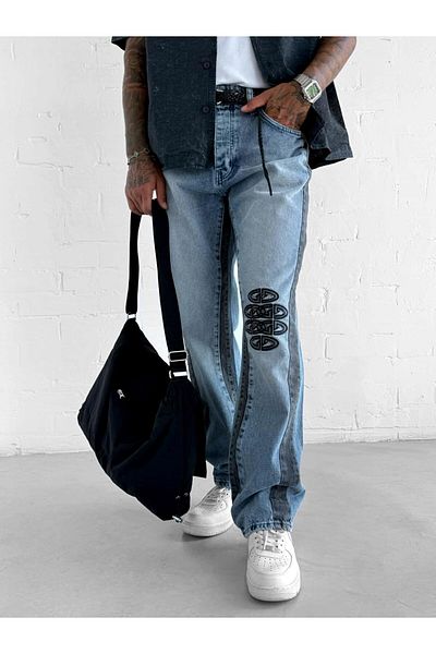 ablukaonline Men's Baggy Fit Embroidered Comfortable Fit Jean Trousers Blue