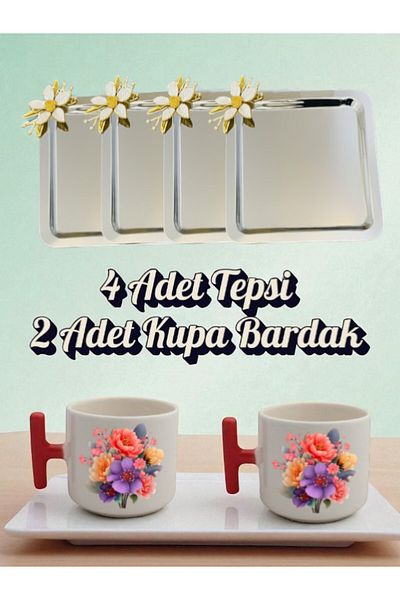 lili hediyelik 4-Piece Daisy Tray Coffee Presentation Tray 21X21 cm - 2-Piece Floral Red Coffee Cup with Handles