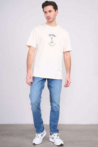 Çetinkaya Chester Polo 3865 Men's Crew Neck 30/1 Combed Cotton Printed Regular T-Shirt Cream