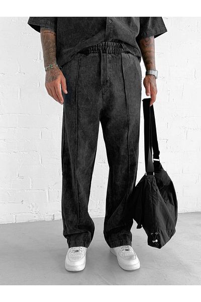 ablukaonline Men's Baggy Fit Washed Elastic Waist Trousers Black