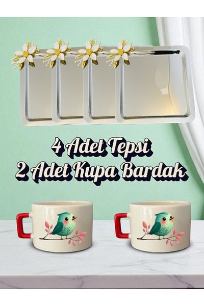lili hediyelik 4-Piece Daisy Tray Coffee Presentation Tray 21X21 cm - 2-Piece Small Coffee Cup Mug with Birds