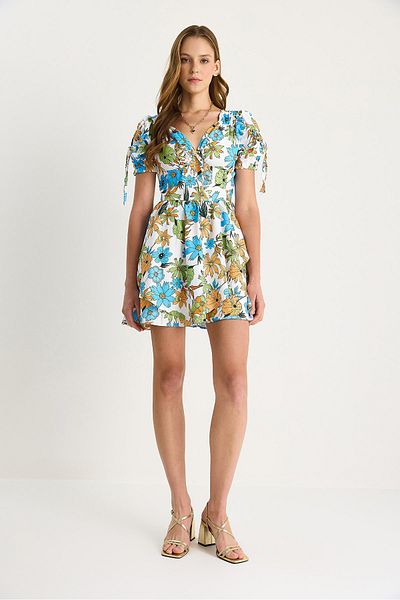 Bianco Lucci Women's Floral Patterned Bow Detailed Mini Dress 602 60283503
