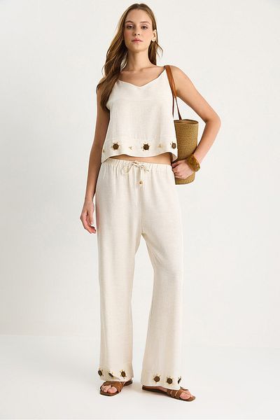 Bianco Lucci Women's Thin Strap V-Neck Blouse Casual Fit Pants Linen Suit with Accessories B28-4900 60283506