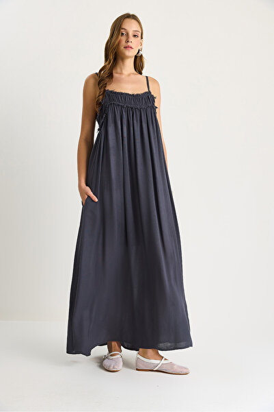 Bianco Lucci Women's Thin Strap Gathered Pocket Detailed Lined Thin Cotton Dress 60283512