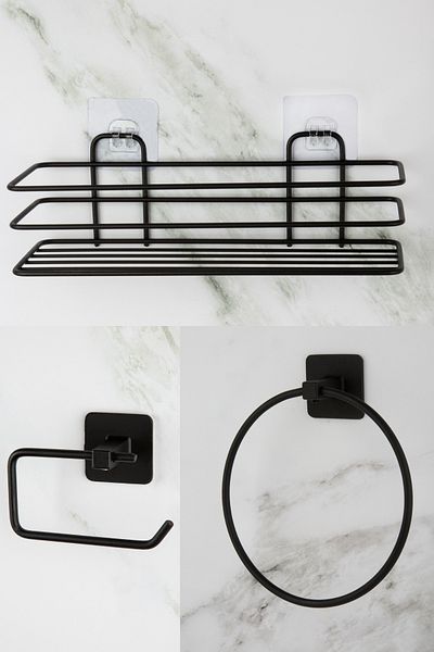UG Home Black Bathroom Shower Shelf Adhesive Circle Towel Holder Outdoor Adhesive Toilet Paper Holder Set of 3