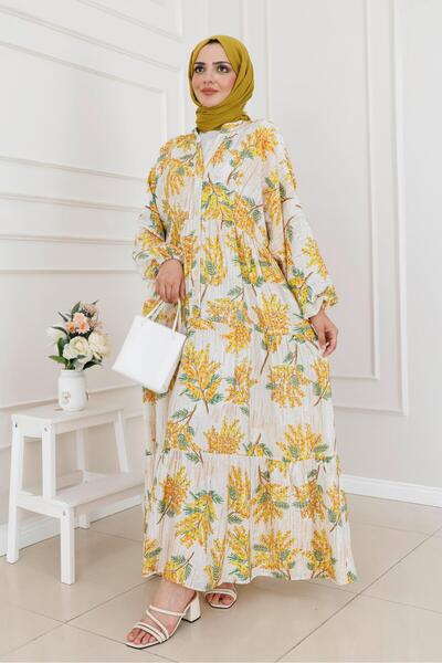 Sevitli Mimosa Patterned Half Button Robe Dress-Yellow
