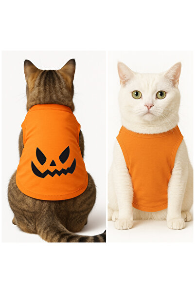 Buddy Store Cat Outfit Clothes Singlet - Halloween Printed Orange Singlet - Size L
