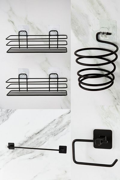 UG Home Μαύρο 2 τεμάχια ράφι μπάνιου ντους Μακρύς θήκη για πετσέτες Εξωτερική αυτοκόλλητη θήκη χαρτιού υγείας Σετ 4 τεμαχίων