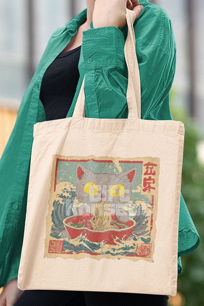 giftkonsept Ramen Illustration Cute Cat Printed Japanese Anime Printed Gift Organic Raw Cloth Bag