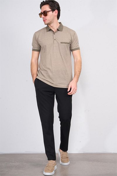 Mentality 3774 Men's Polo Collar Houndstooth Pattern T-Shirt Mink-Beige