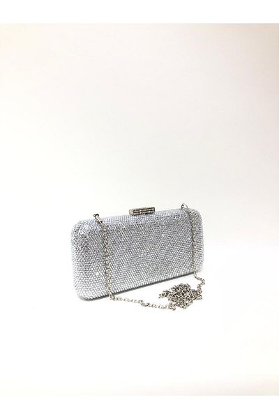 womenacs Silver Color Double Side Stone Material Rectangular Shape Evening Dress Portfolio Clutch Wedding Night Bag