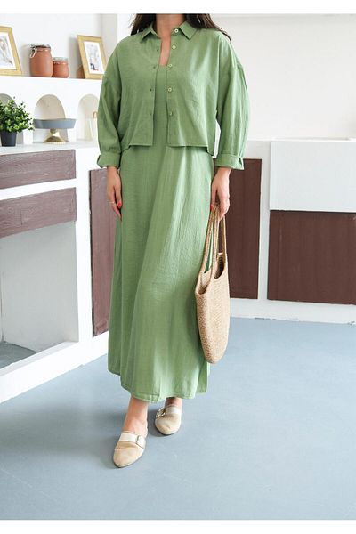 FMN Collection Midi Length Casual Stylish Dress Button Design Shirt Hijab Compatible Multiple Double Suit Strap Loose Fit