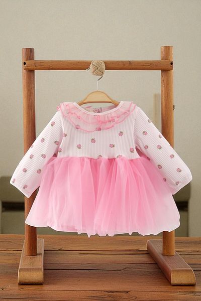 Necix's Pink Tulle Flower Patterned Long Sleeve Baby Girl Dress (6-24 Months)