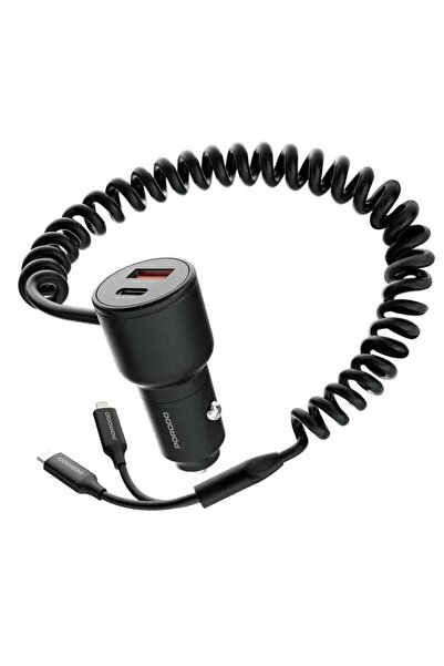 porodo شاحن سيارة بمنفذين مع كابلات C+L مدمجة، قابل للتكيف، شحن متزامن، متواف...