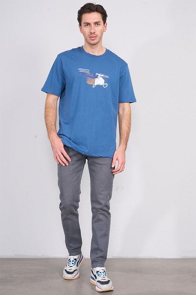 Çetinkaya Chester Polo 3863 Crew Neck 30/1 Combed Cotton Comfort Printed T-Shirt Indigo